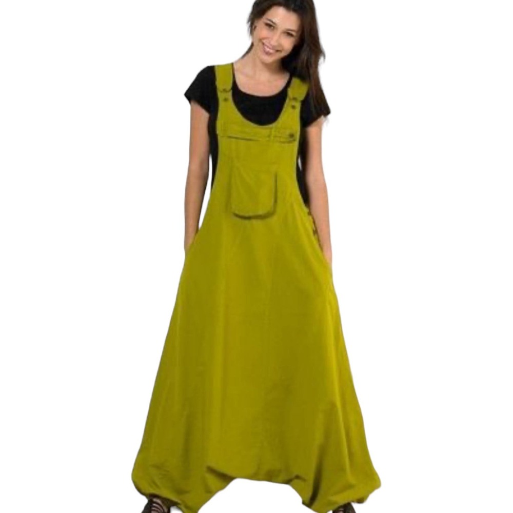 Coline Lagenlook Stonewash Cotton Harem Jumpsuit Chartreuse Green Size Large